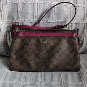 Coach Brown Signature Crossbody with Pink Trim